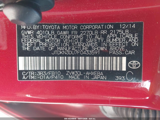 Aukcja sprzedaży 2015 Toyota Prius Two, vin: JTDKN3DU7F0433591, numer aukcji: 45249646