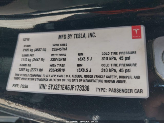 Aukcja sprzedaży 2018 Tesla Model 3 Long Range/mid Range, vin: 5YJ3E1EA6JF173336, numer aukcji: 45249652