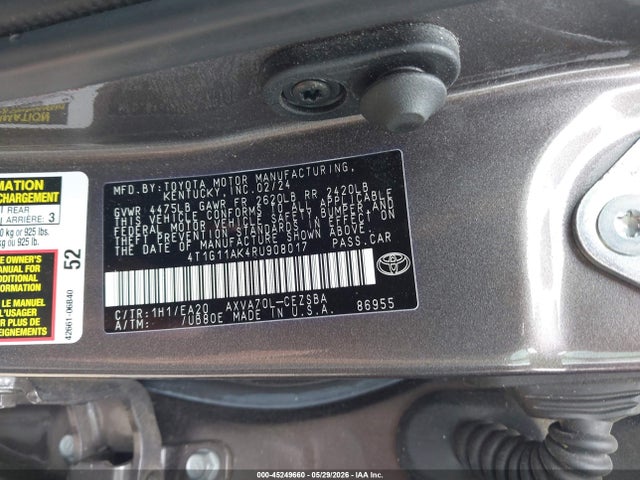 Продажа на аукционе авто 2024 Toyota Camry Se, vin: 4T1G11AK4RU908017, номер лота: 45249660
