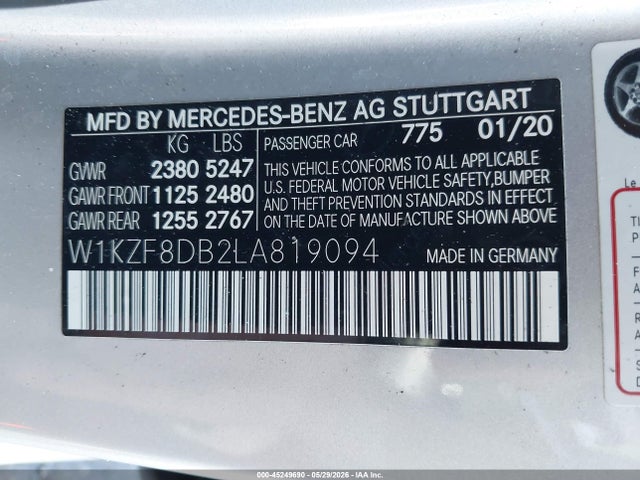 Aukcja sprzedaży 2020 Mercedes-benz E 350, vin: W1KZF8DB2LA819094, numer aukcji: 45249690