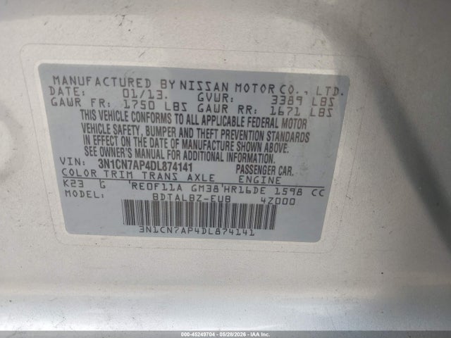 45249704 :رقم المزاد ، 3N1CN7AP4DL874141 vin ، 2013 Nissan Versa 1.6 Sv مزاد بيع