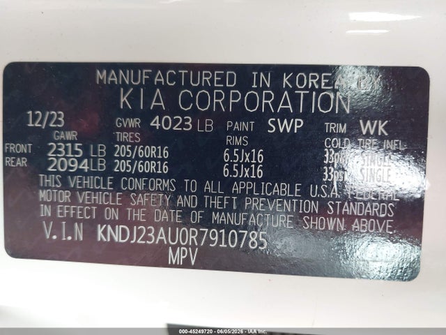 Auction sale of the 2024 Kia Soul Lx, vin: KNDJ23AU0R7910785, lot number: 45249720