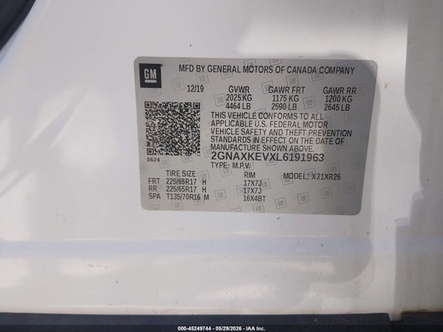 Auction sale of the 2020 Chevrolet Equinox Fwd Lt 1.5l Turbo, vin: 2GNAXKEVXL6191963, lot number: 45249744