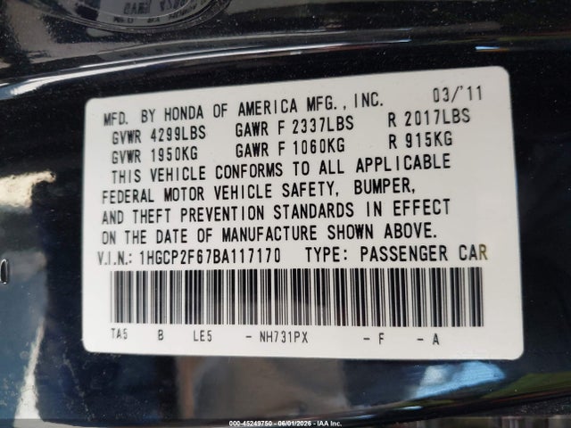 Продаж на аукціоні авто 2011 Honda Accord 2.4 Se, vin: 1HGCP2F67BA117170, номер лоту: 45249750