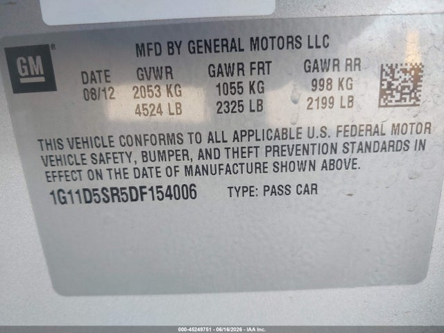 45249751 :رقم المزاد ، 1G11D5SR5DF154006 vin ، 2013 Chevrolet Malibu Eco مزاد بيع
