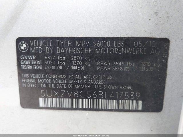 Aukcja sprzedaży 2011 Bmw X5 Xdrive50i, vin: 5UXZV8C56BL417539, numer aukcji: 45249761