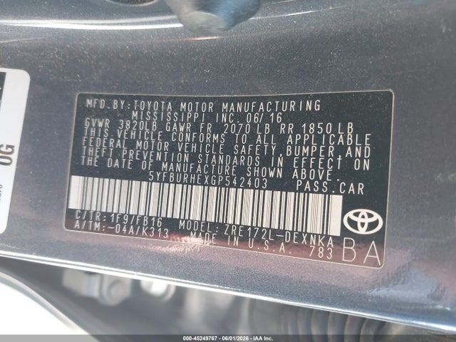 Aukcja sprzedaży 2016 Toyota Corolla Le, vin: 5YFBURHEXGP542403, numer aukcji: 45249767