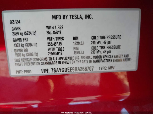 45249790 :رقم المزاد ، 7SAYGDEE9RA266707 vin ، 2024 Tesla Model Y Long Range Dual Motor All-wheel Drive مزاد بيع