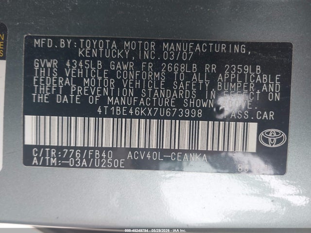 45249794 :رقم المزاد ، 4T1BE46KX7U673998 vin ، 2007 Toyota Camry Le مزاد بيع