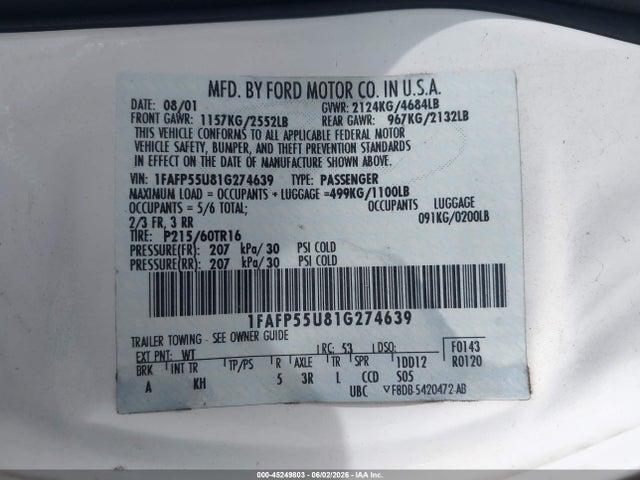 Продажа на аукционе авто 2001 Ford Taurus Ses, vin: 1FAFP55U81G274639, номер лота: 45249803