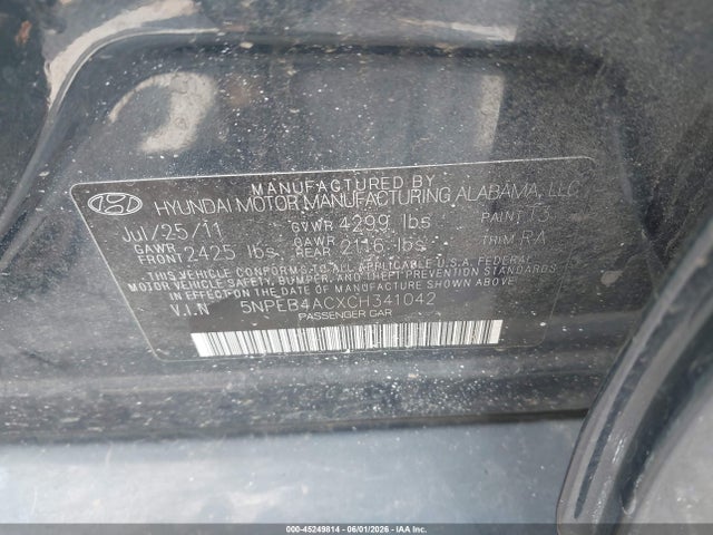Продаж на аукціоні авто 2012 Hyundai Sonata Gls, vin: 5NPEB4ACXCH341042, номер лоту: 45249814