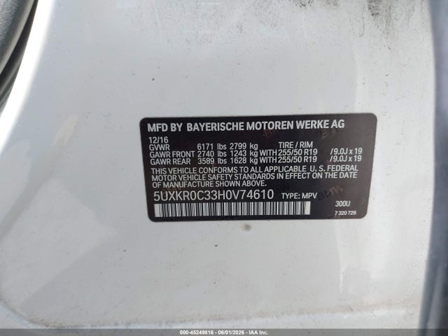 45249816 :رقم المزاد ، 5UXKR0C33H0V74610 vin ، 2017 Bmw X5 Xdrive35i مزاد بيع