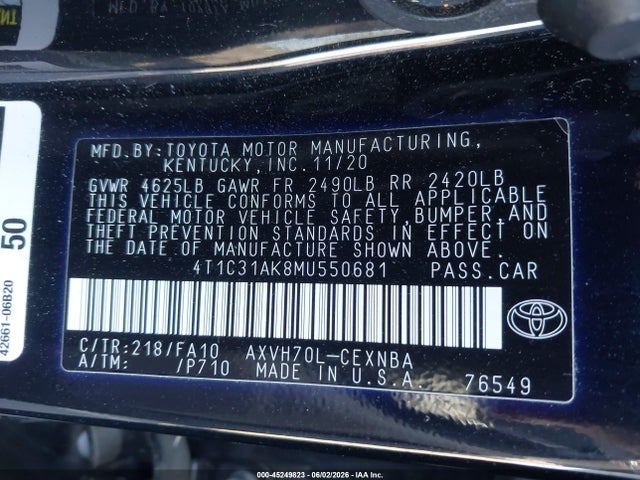 4T1C31AK8MU550681 Toyota Camry Le Hybrid