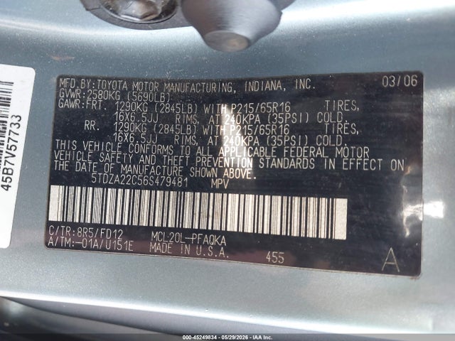 Aukcja sprzedaży 2006 Toyota Sienna Xle, vin: 5TDZA22C56S479481, numer aukcji: 45249834