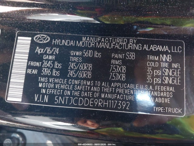 45249853 :رقم المزاد ، 5NTJCDDE9RH117392 vin ، 2024 Hyundai Santa Cruz Sel مزاد بيع