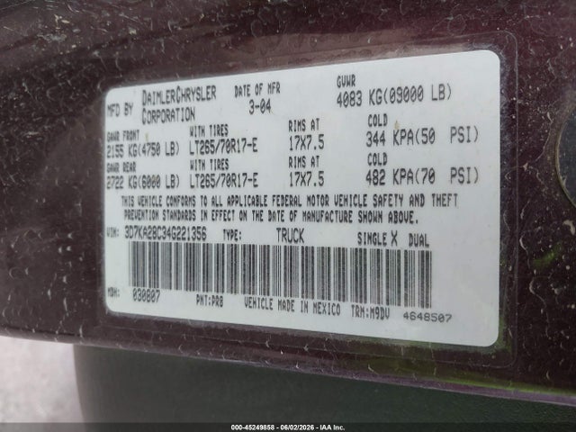 Продажа на аукционе авто 2004 Dodge Ram 2500 Slt/laramie, vin: 3D7KA28C34G221356, номер лота: 45249858