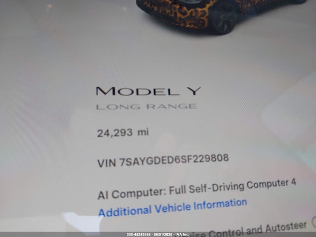 Продажа на аукционе авто 2025 Tesla Model Y Long Range Dual Motor Rear-wheel Drive, vin: 7SAYGDED6SF229808, номер лота: 45249868
