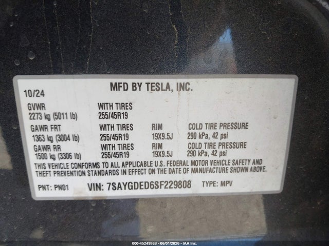 Продажа на аукционе авто 2025 Tesla Model Y Long Range Dual Motor Rear-wheel Drive, vin: 7SAYGDED6SF229808, номер лота: 45249868