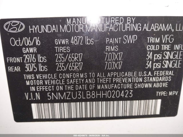 2017 Hyundai Santa Fe Sport 2.4l მანქანა იყიდება აუქციონზე, vin: 5NMZU3LB8HH020423, აუქციონის ნომერი: 45249875