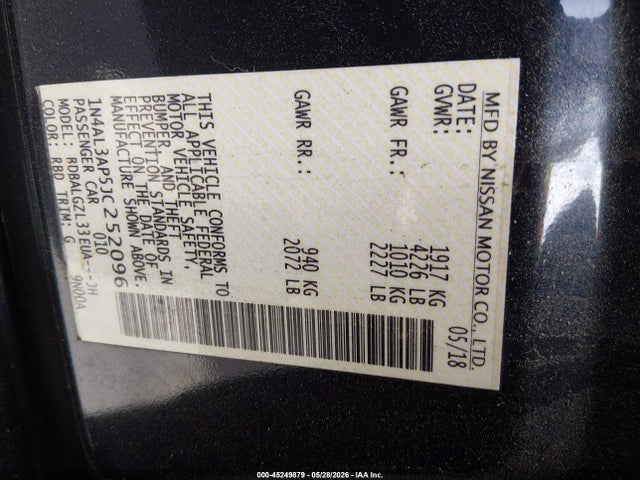 Продаж на аукціоні авто 2018 Nissan Altima 2.5 S, vin: 1N4AL3AP5JC252096, номер лоту: 45249879
