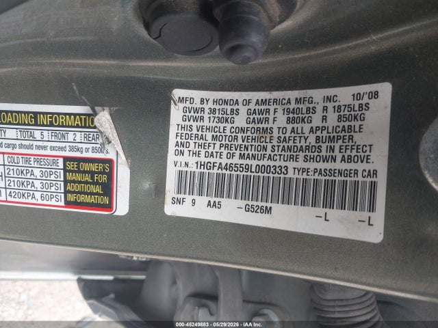2009 Honda Civic Gx მანქანა იყიდება აუქციონზე, vin: 1HGFA46559L000333, აუქციონის ნომერი: 45249883