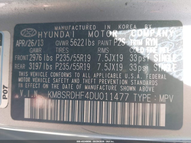 Продаж на аукціоні авто 2013 Hyundai Santa Fe Limited, vin: KM8SRDHF4DU011477, номер лоту: 45249896