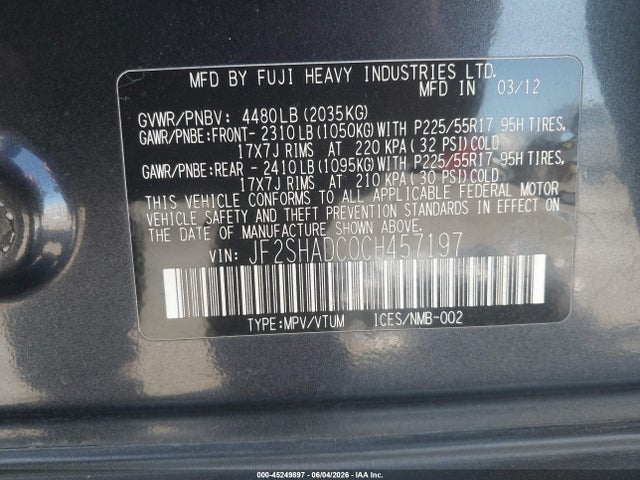 Aukcja sprzedaży 2012 Subaru Forester 2.5x Premium, vin: JF2SHADC0CH457197, numer aukcji: 45249897