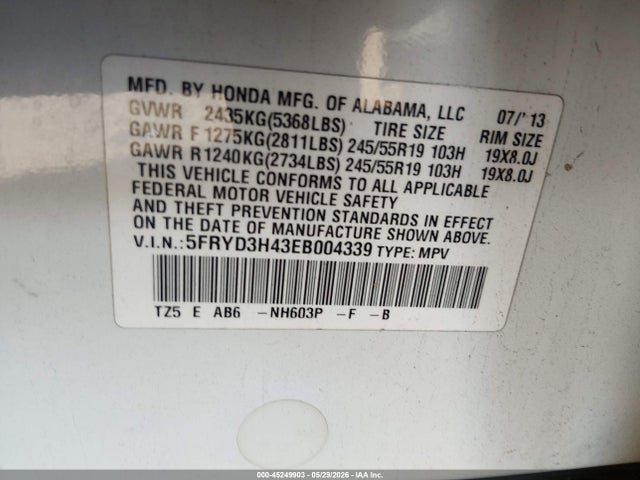 45249903 :رقم المزاد ، 5FRYD3H43EB004339 vin ، 2014 Acura Mdx Technology Package مزاد بيع