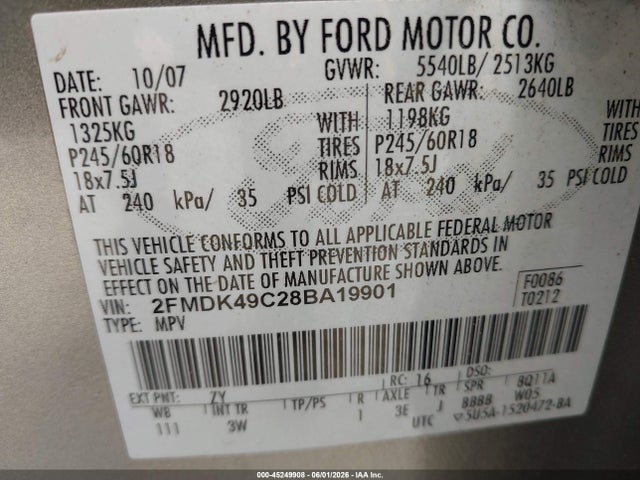 Aukcja sprzedaży 2008 Ford Edge Limited, vin: 2FMDK49C28BA19901, numer aukcji: 45249908