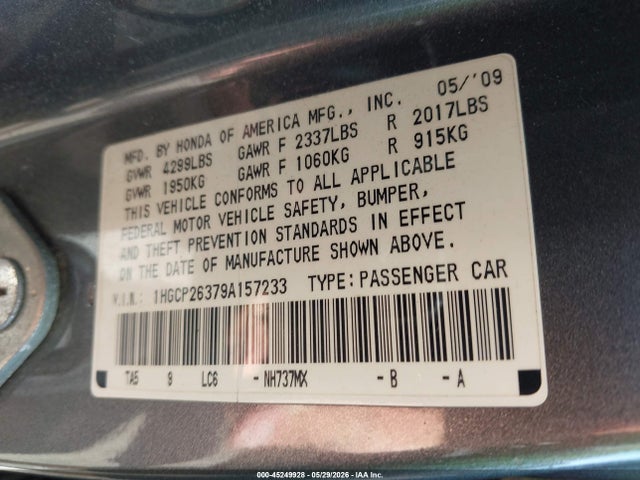 45249928 :رقم المزاد ، 1HGCP26379A157233 vin ، 2009 Honda Accord 2.4 Lx مزاد بيع