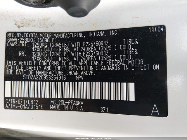 Продажа на аукционе авто 2005 Toyota Sienna Xle, vin: 5TDZA22C95S254916, номер лота: 45249940