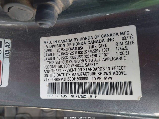 45249963 :رقم المزاد ، 2HKRM3H59DH500860 vin ، 2013 Honda Cr-v Ex مزاد بيع