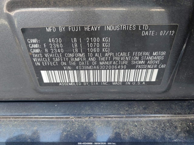 2013 Subaru Legacy 3.6r მანქანა იყიდება აუქციონზე, vin: 4S3BMDA63D2006490, აუქციონის ნომერი: 45249966