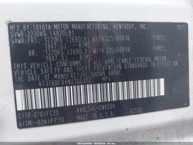 45249980 :رقم المزاد ، 4T3T6RFV4NU100172 vin ، 2022 Toyota Rav4 Hybrid Se مزاد بيع