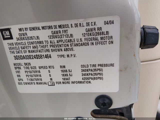 Продажа на аукционе авто 2004 Buick Rendezvous Cx, vin: 3G5DA03E24S581464, номер лота: 45249999