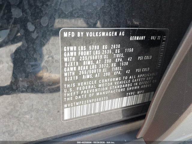Продажа на аукционе авто 2022 Volkswagen Id.4 Pro S, vin: WVGTMPE25NP068373, номер лота: 45250006