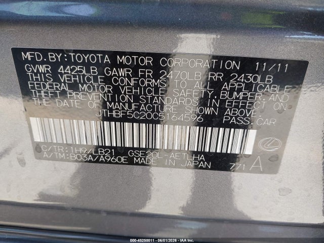 Продажа на аукционе авто 2012 Lexus Is 250, vin: JTHBF5C20C5164596, номер лота: 45250011