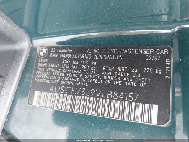 Aukcja sprzedaży 1997 Bmw Z3 1.9l Roadster, vin: 4USCH7329VLB84157, numer aukcji: 45250028