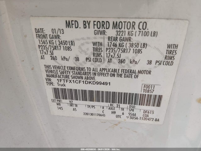 2013 Ford F-150 Xl მანქანა იყიდება აუქციონზე, vin: 1FTFX1CF1DKD99491, აუქციონის ნომერი: 45250035