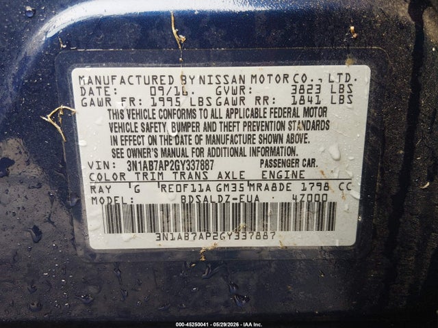 Продаж на аукціоні авто 2016 Nissan Sentra Sv, vin: 3N1AB7AP2GY337887, номер лоту: 45250041