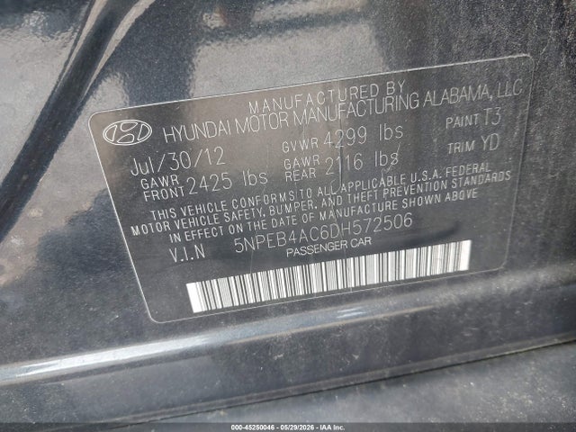 Aukcja sprzedaży 2013 Hyundai Sonata Gls, vin: 5NPEB4AC6DH572506, numer aukcji: 45250046
