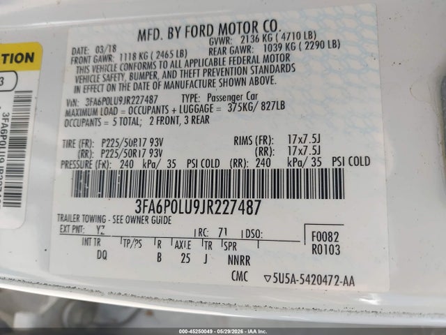Aukcja sprzedaży 2018 Ford Fusion Hybrid Se, vin: 3FA6P0LU9JR227487, numer aukcji: 45250049