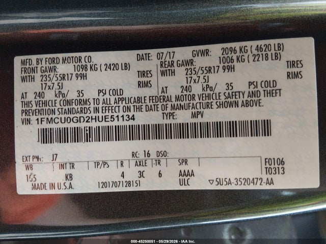 Продаж на аукціоні авто 2017 Ford Escape Se, vin: 1FMCU0GD2HUE51134, номер лоту: 45250051