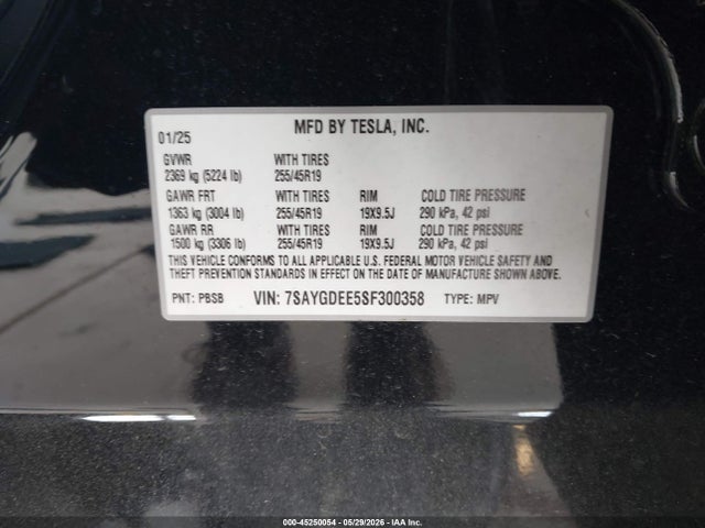 Aukcja sprzedaży 2025 Tesla Model Y Long Range Dual Motor All-wheel Drive, vin: 7SAYGDEE5SF300358, numer aukcji: 45250054
