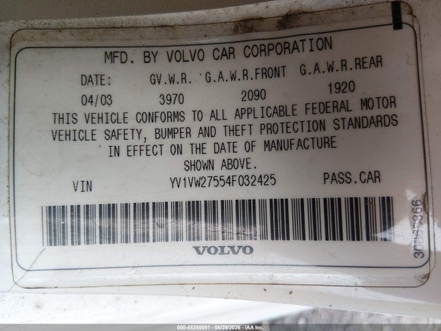 2004 Volvo V40 A/lse მანქანა იყიდება აუქციონზე, vin: YV1VW27554F032425, აუქციონის ნომერი: 45250091