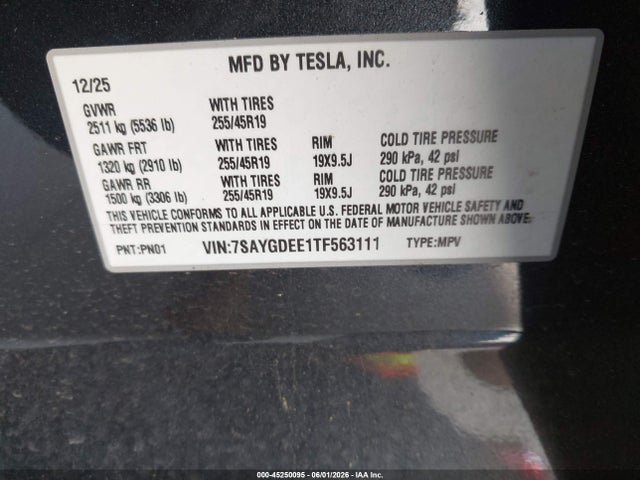 Продаж на аукціоні авто 2026 Tesla Model Y All-wheel Drive/long Range Launch Series/premium All-wheel Drive, vin: 7SAYGDEE1TF563111, номер лоту: 45250095