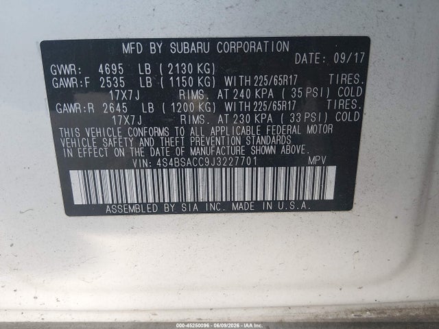 2018 Subaru Outback 2.5i Premium მანქანა იყიდება აუქციონზე, vin: 4S4BSACC9J3227701, აუქციონის ნომერი: 45250096