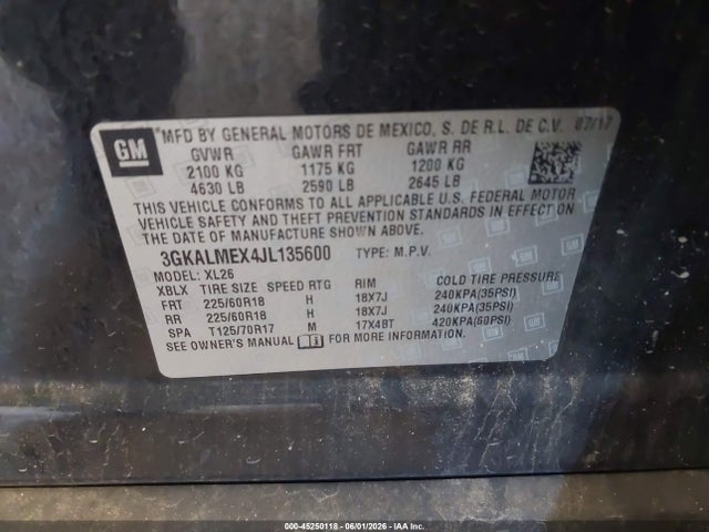 Aukcja sprzedaży 2018 Gmc Terrain Sle, vin: 3GKALMEX4JL135600, numer aukcji: 45250118