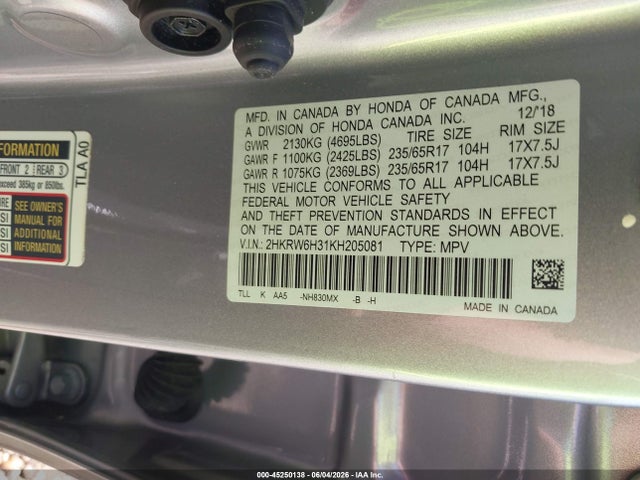 Aukcja sprzedaży 2019 Honda Cr-v Lx, vin: 2HKRW6H31KH205081, numer aukcji: 45250138