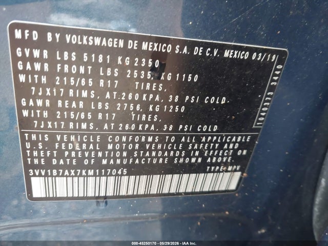 3VV1B7AX7KM117045 Volkswagen Tiguan 2.0t S